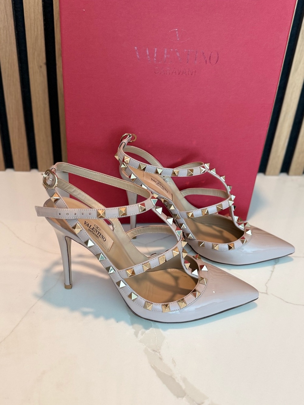 Valentino Garavani Nude Patent Rockstud Strappy Pumps